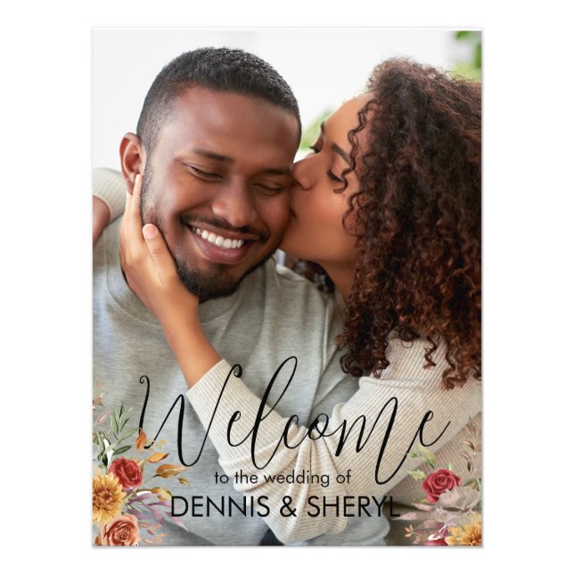 Custom Fall Floral Photo Modern Wedding Sign (Front)