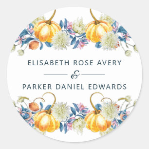 Custom Fall Floral Pumpkin Wedding Classic Round Sticker