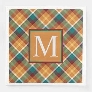 Custom Fall Pumpkin Leaves Green Gingham Pattern Napkin