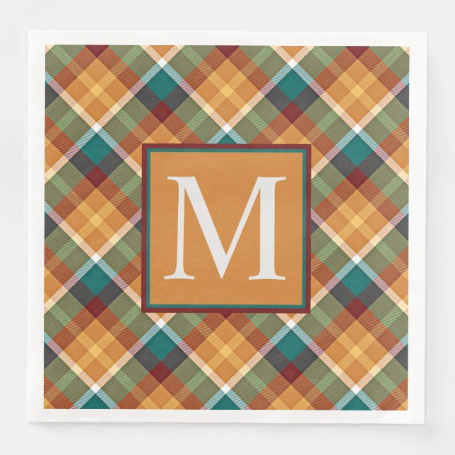 Custom Fall Pumpkin Orange Leaves Green Plaid Napkin (Front)