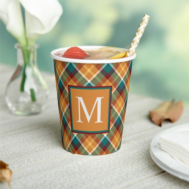 Custom Fall Pumpkin Orange Leaves Green Plaid Paper Cups (Insitu)