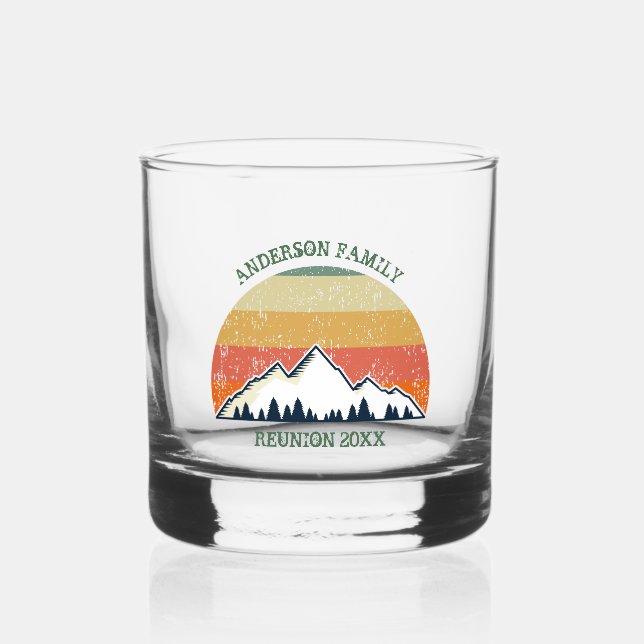 Custom Fall Retreat Sunset Mountain Party Whiskey Glass (Front)