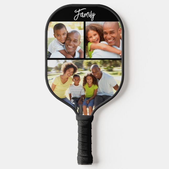Custom Family 3 Photo Collage Trendy Black Pickleball Paddle (Front)