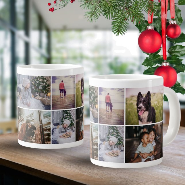 Custom Family 8 Photo Collage Holiday Keepsake Large Coffee Mug (Creator Uploaded)