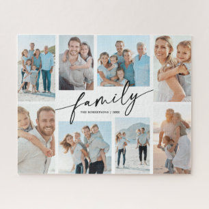 Custom Family 8 Photo Collage Modern Script Jigsaw Puzzle