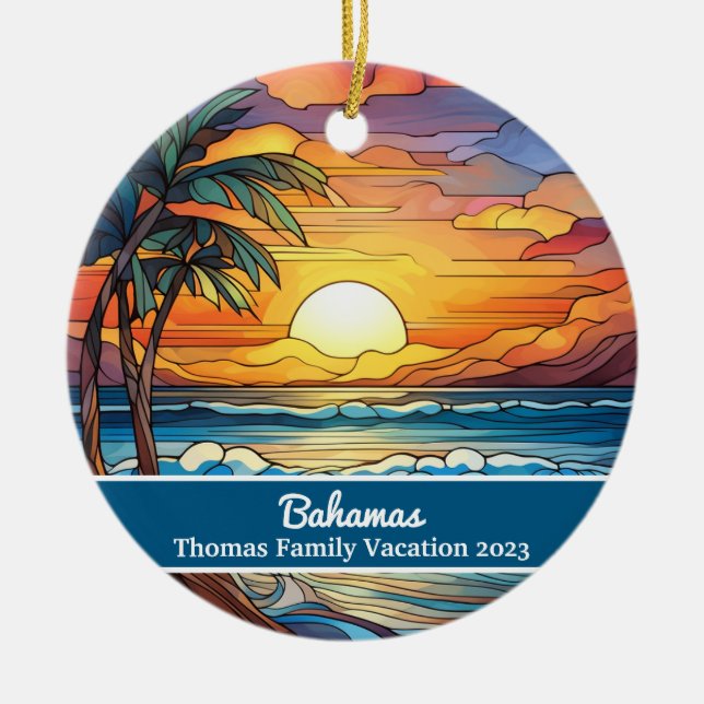Custom Family Bahamas Vacation Faux Stained Glass Ceramic Ornament (Front)