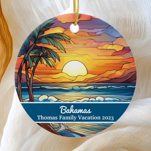 Custom Family Bahamas Vacation Faux Stained Glass Ceramic Ornament (Creator Uploaded)