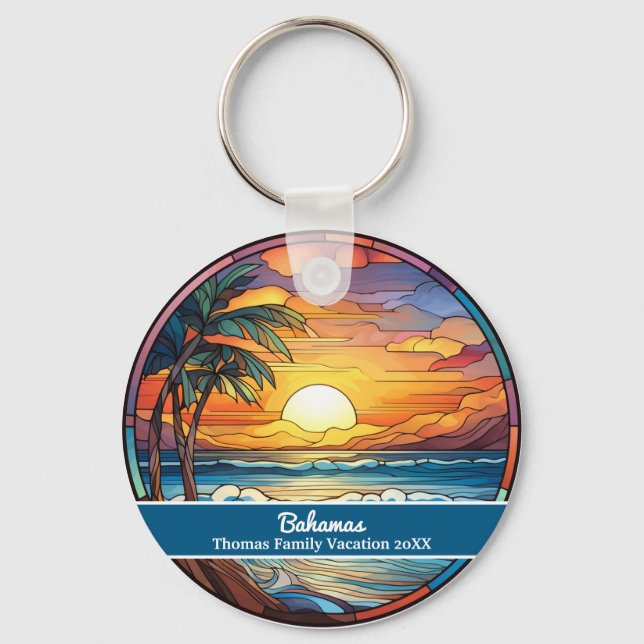 Custom Family Bahamas Vacation Faux Stained Glass Key Ring (Front)