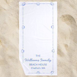 Custom Family Beach House Coastal Blue Shell Chic Beach Towel