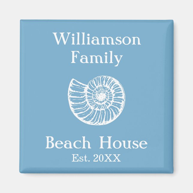 Custom Family Beach House Shell Blue Magnet (Front)