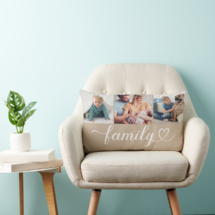 Custom Family Beige Heart Script 3 Photo Collage Lumbar Cushion
