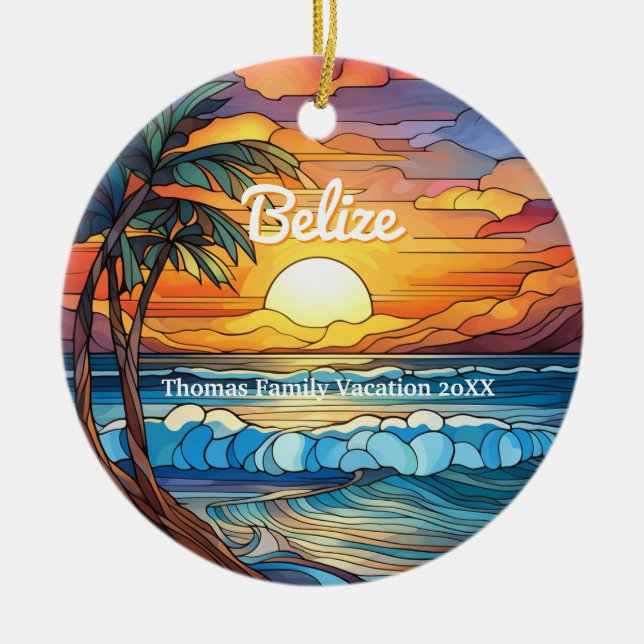 Custom Family Belise Vacation Faux Stained Glass Ceramic Ornament (Front)