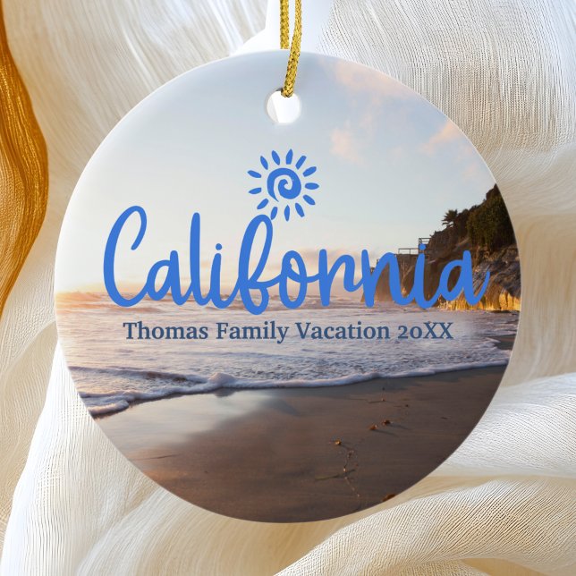 Custom Family California Vacation Christmas Tree Ceramic Ornament (Creator Uploaded)