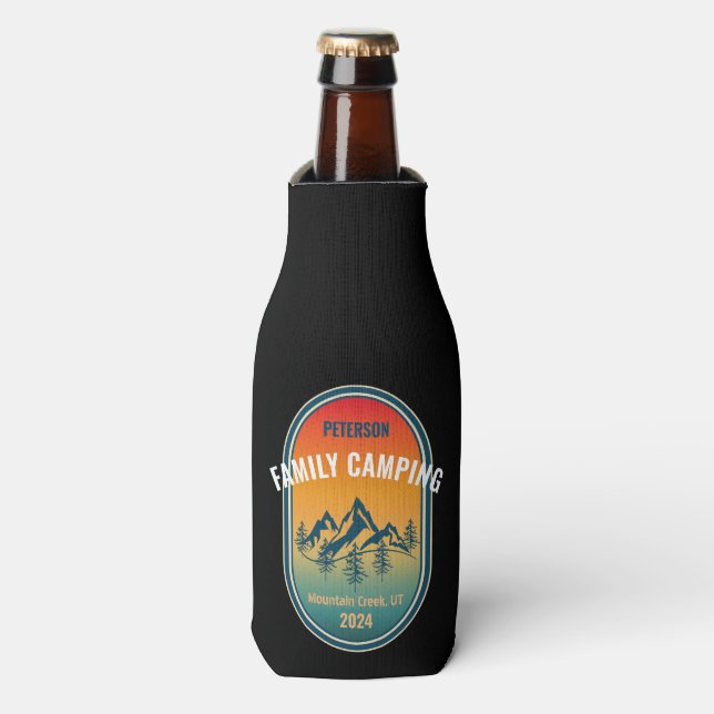 Custom Family Camping Vintage Sunset Adventure Bottle Cooler (Bottle Front)