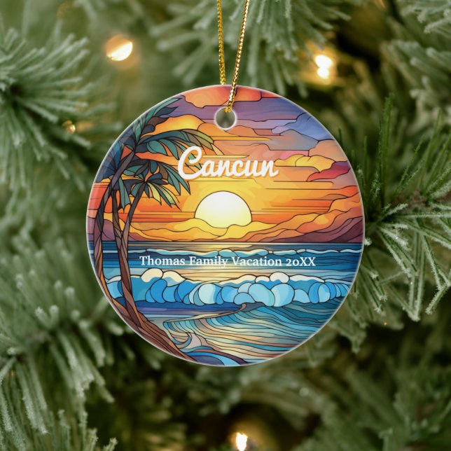 Custom Family Cancun Vacation Faux Stained Glass Ceramic Ornament (Tree)