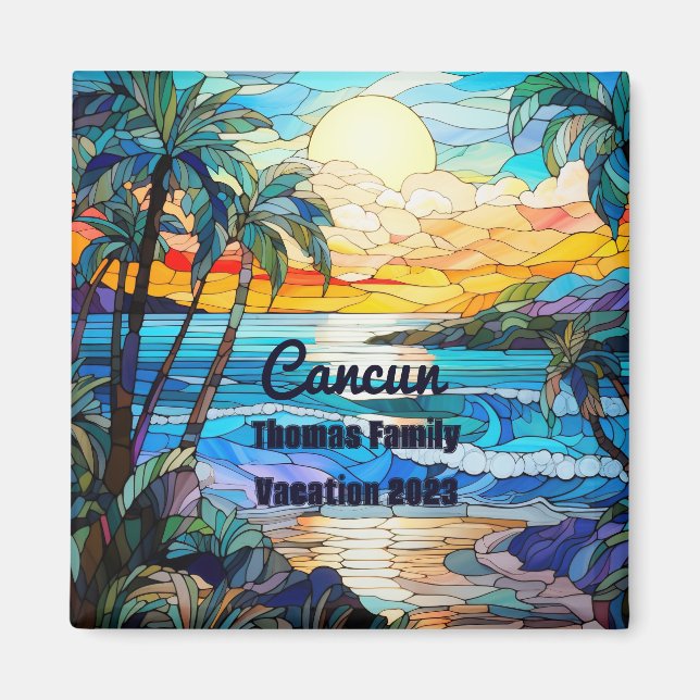 Custom Family Cancun Vacation Faux Stained Glass Magnet (Front)
