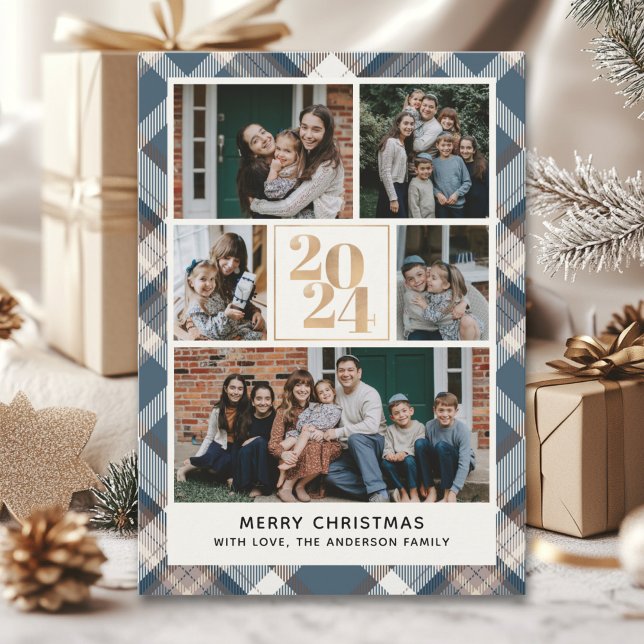 Custom Family Christmas card with 5 Photos Tartan  (Creator Uploaded)