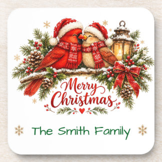 Custom Family Christmas Cardinals Winter Favour Coaster