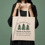 Custom Family Christmas Tree Farm Holiday Tote Bag<br><div class="desc">Custom Christmas Tree Farm tote bag in green and charcoal grey colours. Features a modern rustic typography design with 3 fresh-cut green watercolor Christmas trees. Personalise with with your family name,  location,  and other custom text. Holiday tote bag includes a 2 sided design on the front and back sides.</div>