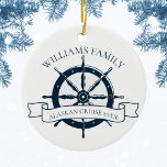 Custom Family Cruise Ship Nautical Wheel Monogram Ceramic Ornament<br><div class="desc">Chic custom summer vacation Christmas ornament gift for your beach cruise on the ocean featuring a navy blue boat steering wheel. This nautical themed design is perfect for classy matching family reunion keepsakes to commemorate the special trip. Personalise with your last name and year.</div>