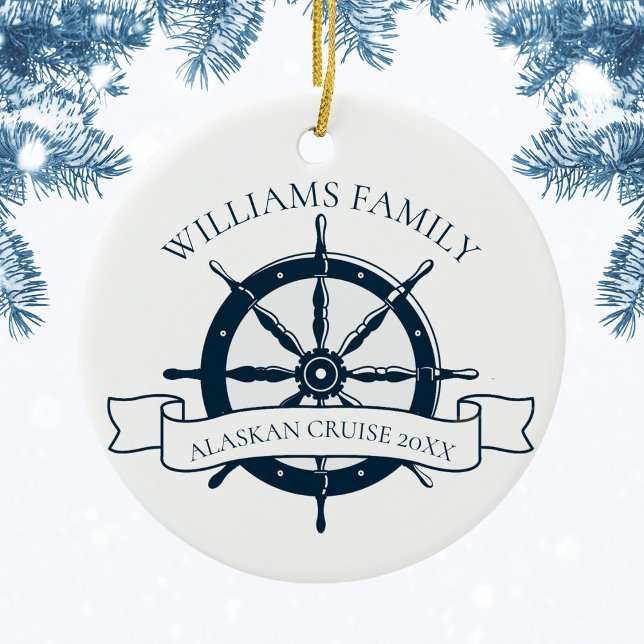 Custom Family Cruise Ship Nautical Wheel Monogram Ceramic Ornament (Creator Uploaded)