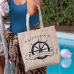 Custom Family Cruise Ship Nautical Wheel Vacation Tote Bag<br><div class="desc">Chic custom summer vacation tote bag gift for your beach cruise on the ocean featuring a navy blue boat steering wheel. This nautical themed design is perfect for classy matching family reunion bags to commemorate the special trip. Personalise with your last name and year.</div>
