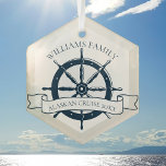 Custom Family Cruise Ship Trip Keepsake Nautical Glass Tree Decoration<br><div class="desc">Chic custom summer vacation Christmas ornament gift for your beach cruise on the ocean featuring a navy blue boat steering wheel. This nautical themed design is perfect for classy matching family reunion keepsakes to commemorate the special trip. Personalise with your last name and year.</div>