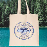 Custom Family Fishing Trip Blue Lake Fisherman Tote Bag<br><div class="desc">Customise this family fishing trip tote bag for your dad and brothers before going out on the lake to fish this summer. A cool periwinkle and navy blue fisherman design with an open mouthed bass and your custom text or last name.</div>