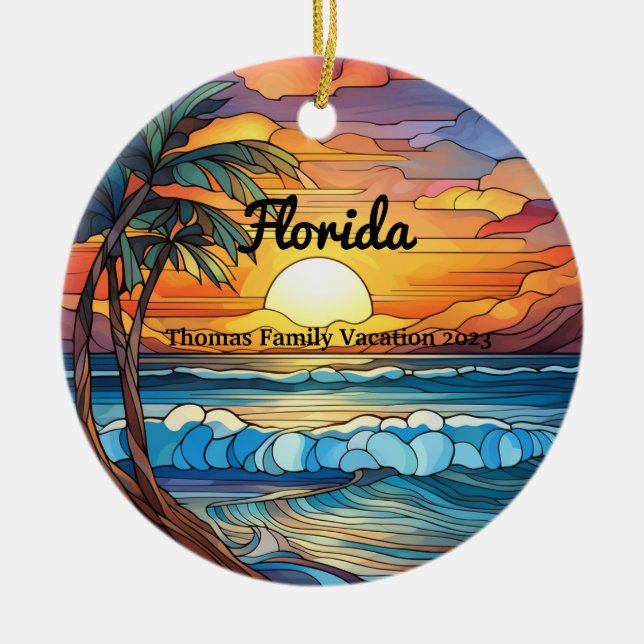 Custom Family Florida Trip Faux Stained Glass Ceramic Ornament (Front)