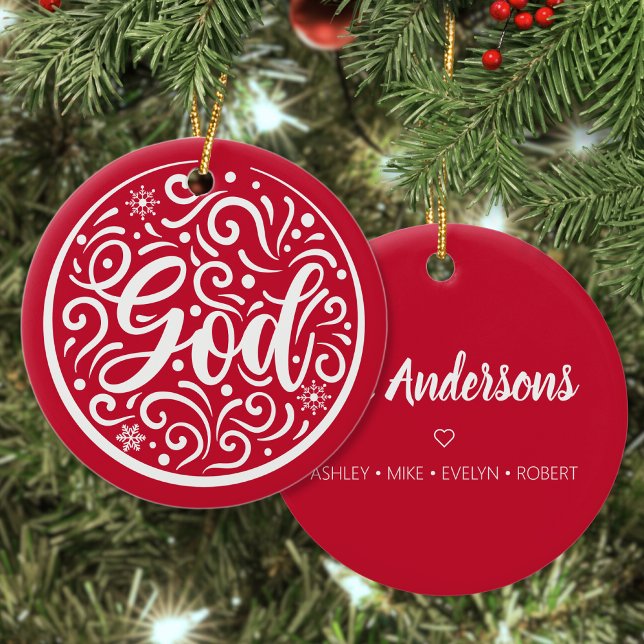 Custom Family God Christmas Holiday Religious Red Ceramic Ornament (Creator Uploaded)