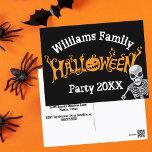 Custom Family Halloween Annual Party Skeleton Postcard<br><div class="desc">Cool custom annual family Halloween party invitation postcard that features a creepy skeleton hanging over spooky orange and black text and an awesome Jack O Lantern. Customise with your big bash information for all of your guests.</div>
