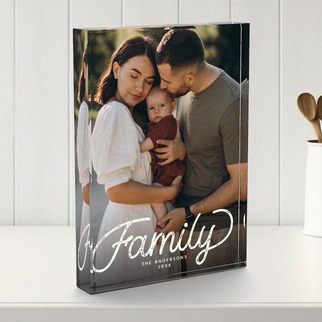 Custom Family Keepsake Modern Cute Script Photo Block (Frame your joy! Our custom family photo block, modern script and cuteness combined)