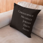 Custom Family Member Names Black White Modern type Cushion<br><div class="desc">Add a personal touch to your home decor with this Custom Family Member Names Black & White Modern Type Accent Pillow. Featuring a sleek minimalist design in classic black and white, this pillow is the perfect way to showcase the names of your loved ones in a stylish, modern font. Ideal...</div>