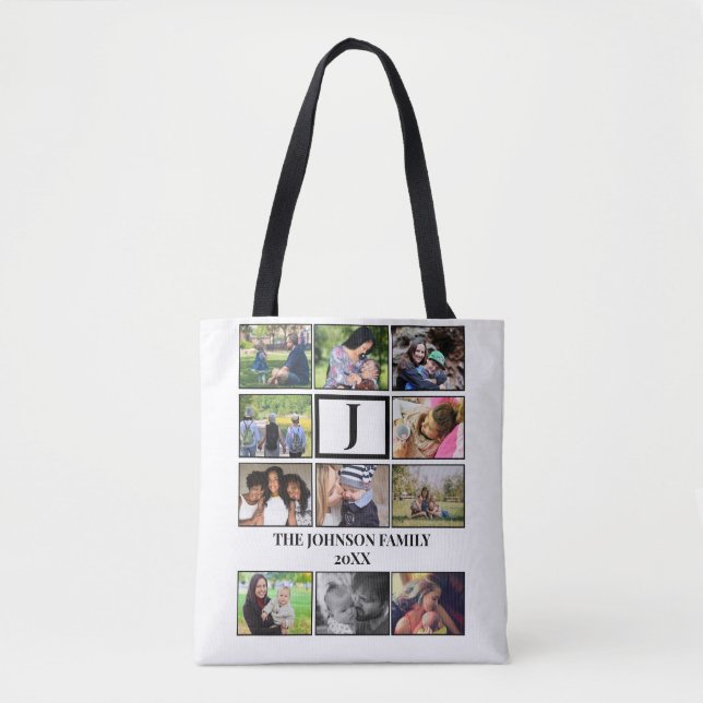 Custom Family Monogram 11 Photo Collage Tote Bag (Front)