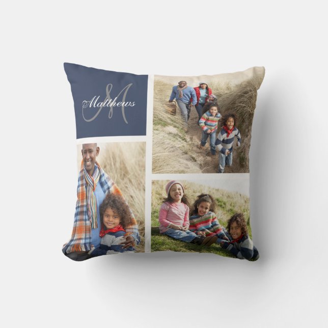 Custom Family Monogram Blue Photo Collage Pillow (Front)