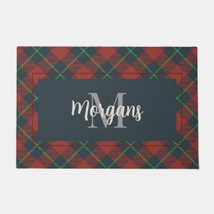 Custom Family Monogram Merry Christmas Red Plaid Doormat