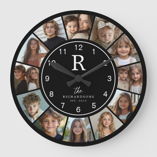 Custom Family Monogram Name Year 12 Photo Collage Large Clock (Front)