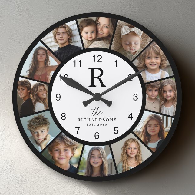 Custom Family Monogram Name Year 12 Photo Collage Large Clock (Creator Uploaded)
