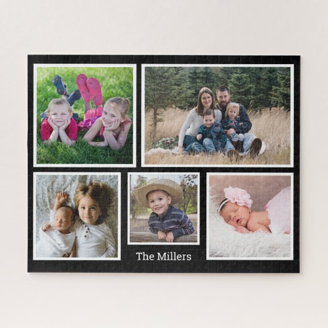 Custom Family Name 5 Photo Collage Jigsaw Puzzle (Horizontal)