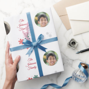 Custom Family Name & 5 Photo Collage Pet Christmas Wrapping Paper