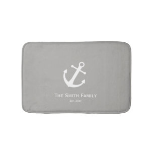 Custom Family Name and Est Nautical White and Grey Bath Mat