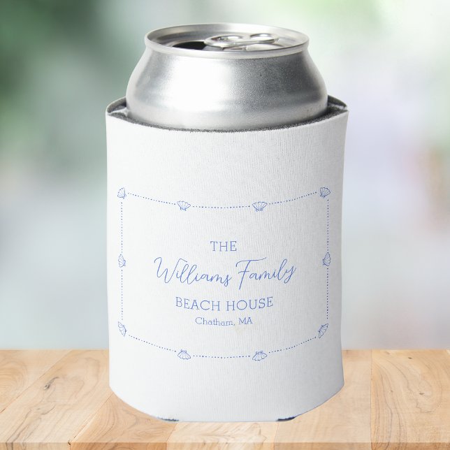 Custom Family Name Beach House Coastal Blue Shell Can Cooler (Creator Uploaded)