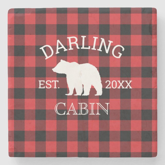 Custom Family Name Bear Buffalo Check Rustic Stone Coaster (Front)