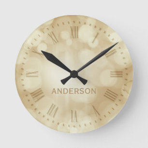 Custom Family Name Beige Bokeh Lights Elegant Round Clock
