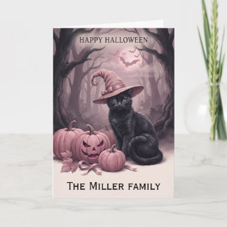 Custom Family Name Black Cat & Pink Pumpkins Card