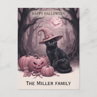 Custom Family Name Black Cat & Pink Pumpkins Postcard