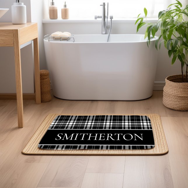 Custom Family Name Black White Buffalo Plaid Bath Mat (Black and white checkered custom name bathmat)