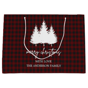 Custom Family Name Buffalo plaid Christmas Large Gift Bag
