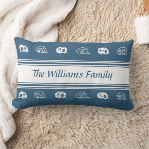 Custom Family Name Campers in Blue and White  Lumbar Cushion