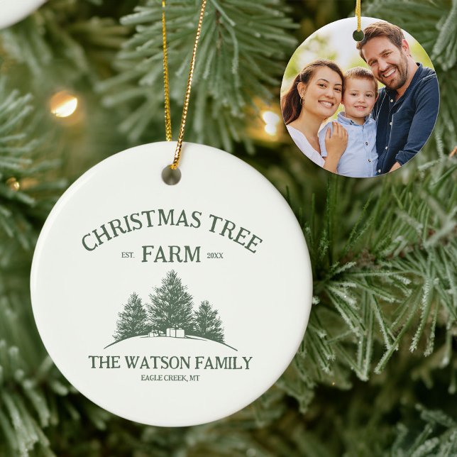 Custom Family Name Christmas Tree Farm Photo Ceramic Ornament (Creator Uploaded)